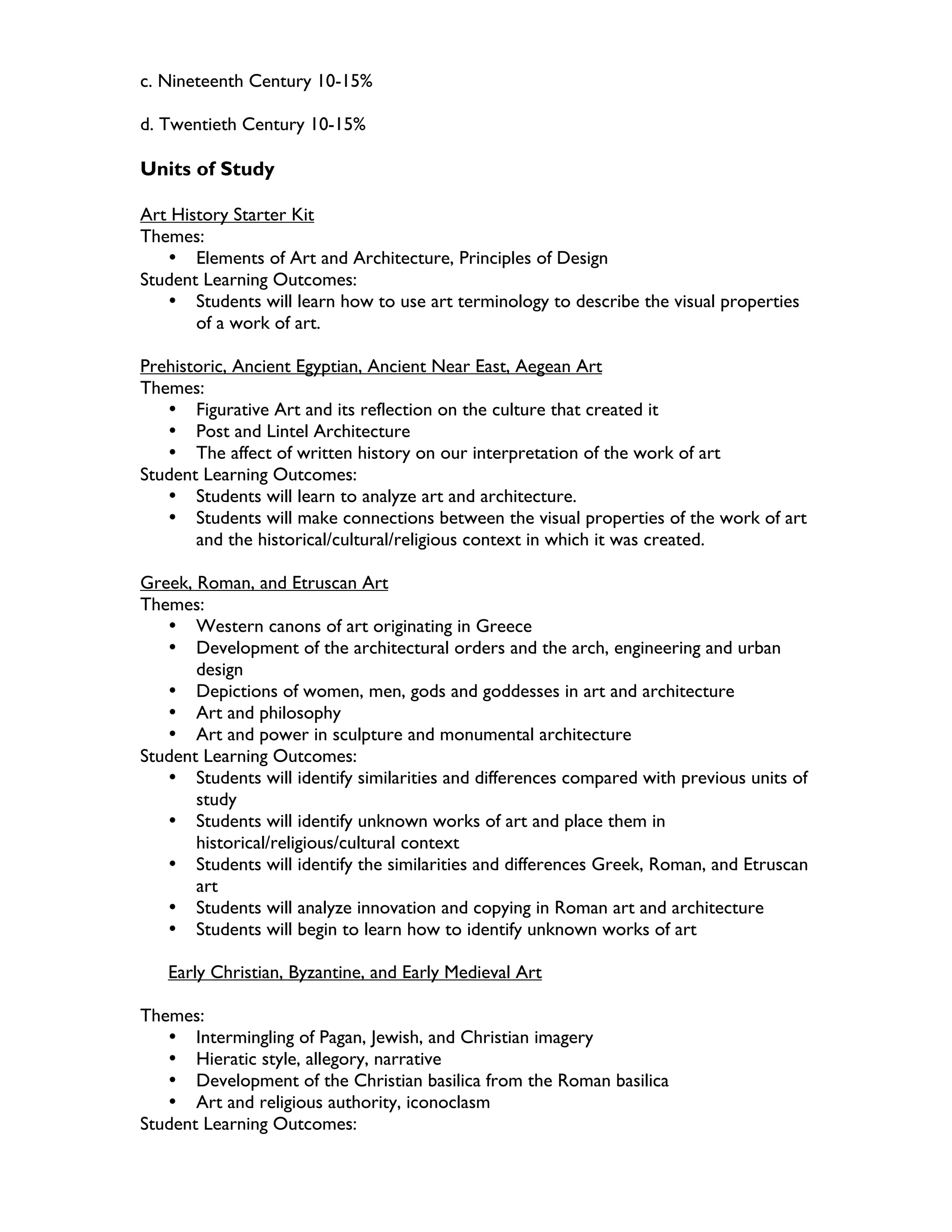 c. Nineteenth Century 10-15%

d. Twentieth Century 10-15%

Units of Study

Art History Starter Kit
Themes:
   • Elements of Art and Architecture, Principles of Design
Student Learning Outcomes:
   • Students will learn how to use art terminology to describe the visual properties
       of a work of art.

Prehistoric, Ancient Egyptian, Ancient Near East, Aegean Art
Themes:
   • Figurative Art and its reflection on the culture that created it
   • Post and Lintel Architecture
   • The affect of written history on our interpretation of the work of art
Student Learning Outcomes:
   • Students will learn to analyze art and architecture.
   • Students will make connections between the visual properties of the work of art
       and the historical/cultural/religious context in which it was created.

Greek, Roman, and Etruscan Art
Themes:
   • Western canons of art originating in Greece
   • Development of the architectural orders and the arch, engineering and urban
       design
   • Depictions of women, men, gods and goddesses in art and architecture
   • Art and philosophy
   • Art and power in sculpture and monumental architecture
Student Learning Outcomes:
   • Students will identify similarities and differences compared with previous units of
       study
   • Students will identify unknown works of art and place them in
       historical/religious/cultural context
   • Students will identify the similarities and differences Greek, Roman, and Etruscan
       art
   • Students will analyze innovation and copying in Roman art and architecture
   • Students will begin to learn how to identify unknown works of art

   Early Christian, Byzantine, and Early Medieval Art

Themes:
   • Intermingling of Pagan, Jewish, and Christian imagery
   • Hieratic style, allegory, narrative
   • Development of the Christian basilica from the Roman basilica
   • Art and religious authority, iconoclasm
Student Learning Outcomes:
 