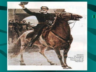 Agonia do Império Com a oposição de tantos setores da sociedade à monarquia tornou possível o tranqüilo Golpe político que implantou a República. O Gov. imperial percebendo a situação apresenta reformas: Liberdade de fé religiosa e ensino; Autonomia para as províncias; Mandato temporário para o senado; Mas as reformas chegam tarde demais. 15/11/1889 – Deodoro da Fonseca assume o comando de tropas formando um governo provisório. 