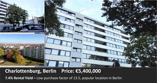 Charlottenburg, Berlin Price: €5,400,000
7.4% Rental Yield – Low purchase factor of 13.5, popular location in Berlin
 