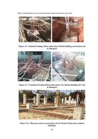 28
Here at the bottom we can see the pictures that I took from site visits
.
Figure 2.4 : Isolated Footings (Photo taken from Chishi building construction site
in Dimapur)
Figure 2.5 : Combined Footing (Photo taken from New Market building site Visit
in Dimapur)
Figure 2.6 : Masonry work at construction site in Niesato Colony (my assigned
building).
 