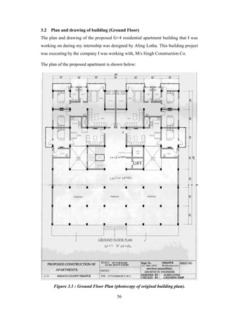 56
3.2 Plan and drawing of building (Ground Floor)
The plan and drawing of the proposed G+4 residential apartment building that I was
working on during my internship was designed by Aling Lotha. This building project
was executing by the company I was working with, M/s Singh Construction Co.
The plan of the proposed apartment is shown below:
Figure 3.1 : Ground Floor Plan (photocopy of original building plan).
 