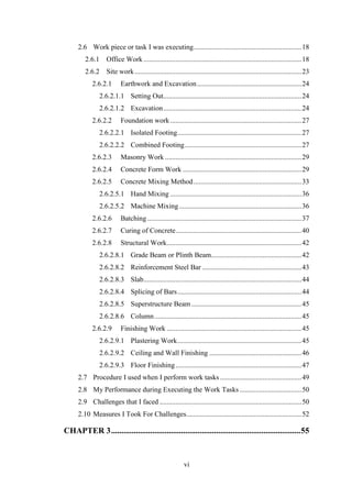 vi
2.6 Work piece or task I was executing.............................................................18
2.6.1 Office Work .........................................................................................18
2.6.2 Site work..............................................................................................23
2.6.2.1 Earthwork and Excavation...........................................................24
2.6.2.1.1 Setting Out..............................................................................24
2.6.2.1.2 Excavation..............................................................................24
2.6.2.2 Foundation work ..........................................................................27
2.6.2.2.1 Isolated Footing......................................................................27
2.6.2.2.2 Combined Footing..................................................................27
2.6.2.3 Masonry Work .............................................................................29
2.6.2.4 Concrete Form Work ...................................................................29
2.6.2.5 Concrete Mixing Method.............................................................33
2.6.2.5.1 Hand Mixing ..........................................................................36
2.6.2.5.2 Machine Mixing.....................................................................36
2.6.2.6 Batching.......................................................................................37
2.6.2.7 Curing of Concrete.......................................................................40
2.6.2.8 Structural Work............................................................................42
2.6.2.8.1 Grade Beam or Plinth Beam...................................................42
2.6.2.8.2 Reinforcement Steel Bar ........................................................43
2.6.2.8.3 Slab.........................................................................................44
2.6.2.8.4 Splicing of Bars......................................................................44
2.6.2.8.5 Superstructure Beam ..............................................................45
2.6.2.8.6 Column...................................................................................45
2.6.2.9 Finishing Work ............................................................................45
2.6.2.9.1 Plastering Work......................................................................45
2.6.2.9.2 Ceiling and Wall Finishing ....................................................46
2.6.2.9.3 Floor Finishing.......................................................................47
2.7 Procedure I used when I perform work tasks..............................................49
2.8 My Performance during Executing the Work Tasks...................................50
2.9 Challenges that I faced ................................................................................50
2.10 Measures I Took For Challenges.................................................................52
CHAPTER 3............................................................................................55
 