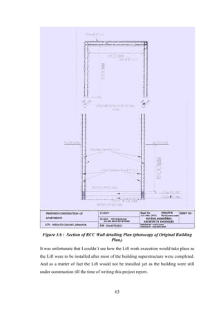 63
Figure 3.6 : Section of RCC Wall detailing Plan (photocopy of Original Building
Plan).
It was unfortunate that I couldn‘t see how the Lift work execution would take place as
the Lift were to be installed after most of the building superstructure were completed.
And as a matter of fact the Lift would not be installed yet as the building were still
under construction till the time of writing this project report.
 