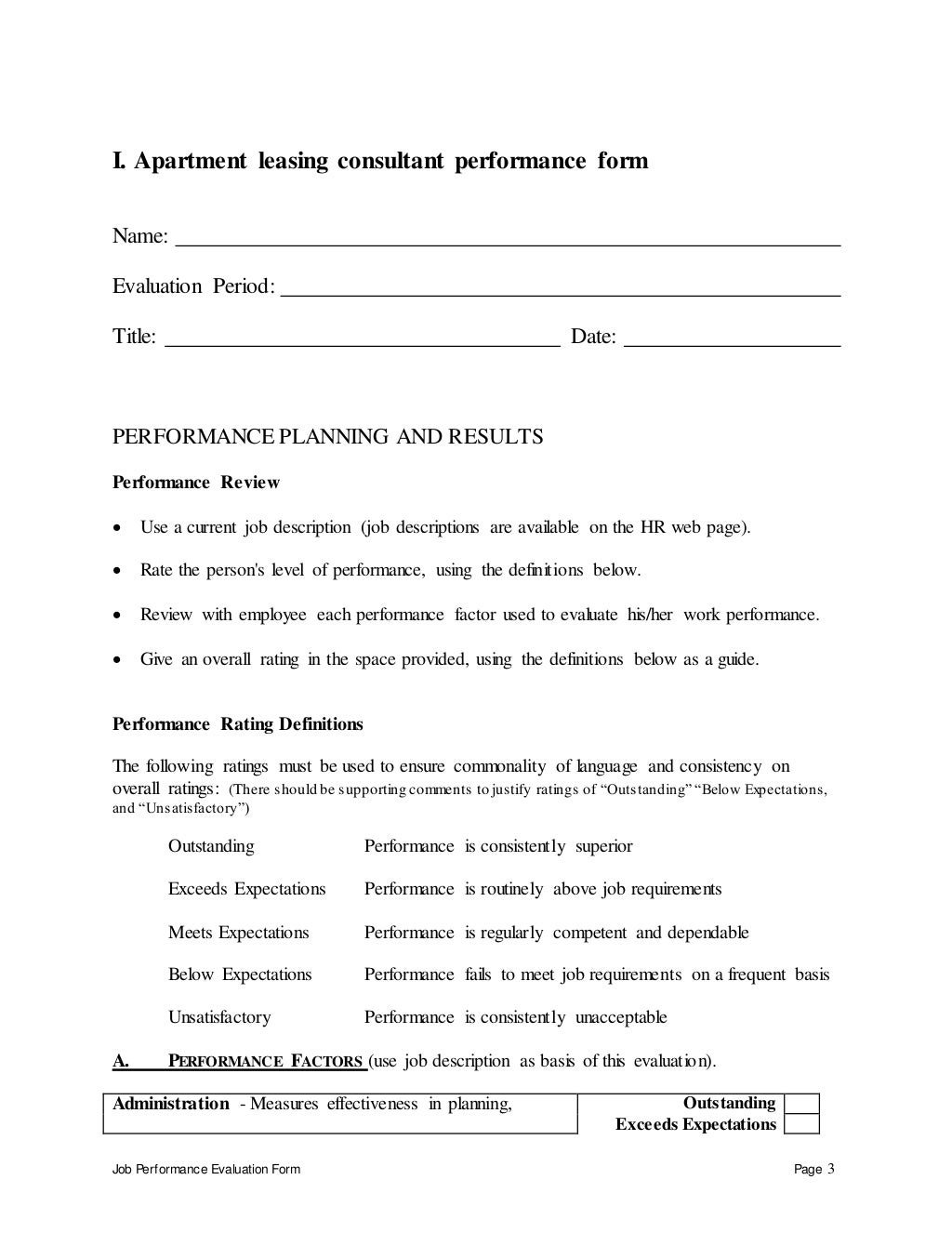 Apartment leasing consultant performance appraisal