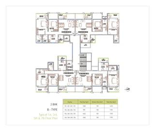 N

Flat No.

2 BHK

B - TYPE
Typical 1st, 3rd,
5th & 7th Floor Plan

Flat Area Sq.ft.

Terrace Area Sq.ft.

Total Area Sq.ft.

101, 301, 501, 701

1040

195

1235

102, 302, 502, 702

995

190

1185

103, 303, 503, 703

1025

195

1220

104, 304, 504, 704

1050

190

1240

 