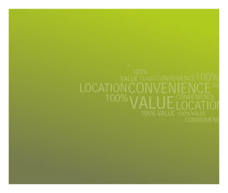 `100% CONVENIENCE100%
CLASS

VALUE

LOCATION CONVENIENCE
CONVENIENCE
100%
VALUE LOCATION
` 100%

VALUE

VALUE 100% VALUE
CONVENIENCE

 