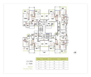 N

Flat No.

Flat Area Sq.ft.

Terrace Area Sq.ft.

Total Area Sq.ft.

2 & 3 BHK

701

1320

360

1680

C - TYPE

702

995

405

1400

703

1050

375

1425

704

1310

365

1675

Typical
7th Floor Plan

 