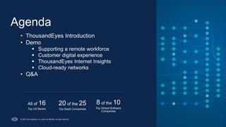 Agenda
4
© 2023 Cisco Systems, Inc. and/or its affiliates. All rights reserved.
• ThousandEyes Introduction
• Demo
 Supporting a remote workforce
 Customer digital experience
 ThousandEyes Internet Insights
 Cloud-ready networks
• Q&A
All of 16
Top US Banks
20 of the 25
Top SaaS Companies
8 of the 10
Top Global Software
Companies
 