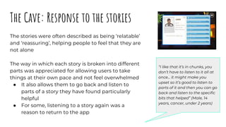 The Cave: Response to the stories
The stories were often described as being ‘relatable’
and ‘reassuring’, helping people t...