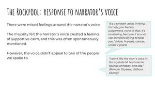 The Rockpool: response to narrator’s voice
There were mixed feelings around the narrator’s voice
The majority felt the nar...