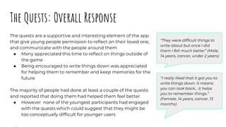 The Quests: Overall Response
The quests are a supportive and interesting element of the app
that give young people permiss...