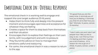 Emotional Check in: Overall Response
The emotional check in is working well to engage and
support the core target audience...