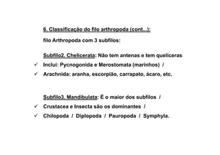 6. Classificação do filo arthropoda (cont...):

filo Arthropoda com 3 subfilos:

Subfilo2. Chelicerata: Não tem antenas e tem quelíceras
Inclui: Pycnogonida e Merostomata (marinhos) /
Arachnida: aranha, escorpião, carrapato, ácaro, etc.



Subfilo3. Mandibulata: É o maior dos subfilos /
Crustacea e Insecta são os dominantes /
Chilopoda / Diplopoda / Pauropoda / Symphyla.
 