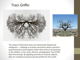 The shapes of Rorschach tests are intentionally flawed and
ambiguous — allowing us to draw conclusions about a person’s
psyche based on what organic matter they claim to see growing
in the inkblots. In her series, Mirrors, photographer Traci Griffin
flips that concept. By applying symmetry to natural subjects,
they are rendered unnatural and too perfect for this world.
Traci Griffin
 