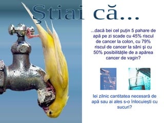 ...dacă bei cel puţin 5 pahare de
apă pe zi scade cu 45% riscul
de cancer la colon, cu 79%
riscul de cancer la sâni şi cu
50% posibilităţile de a apărea
cancer de vagin?
Iei zilnic cantitatea necesară de
apă sau ai ales s-o înlocuieşti cu
sucuri?
 
