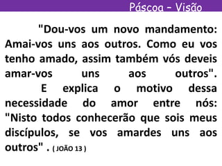 Páscoa – Visão
Espírita
"Dou-vos um novo mandamento:
Amai-vos uns aos outros. Como eu vos
tenho amado, assim também vós deveis
amar-vos uns aos outros".
E explica o motivo dessa
necessidade do amor entre nós:
"Nisto todos conhecerão que sois meus
discípulos, se vos amardes uns aos
outros" . ( JOÃO 13 )
 