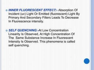  INNER FLUORESCENT EFFECT:- Absorption Of
Incident (uv) Light Or Emitted (fluorescent) Light By
Primary And Secondary Filters Leads To Decrease
In Fluorescence intensity.
 SELF QUENCHING:-At Low Concentration
Linearity Is Observed, At High Concentration Of
The Same Substance Increase In Fluorescent
Intensity Is Observed. This phenomena is called
self quenching.
 