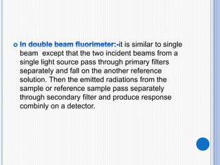 it is similar to single
beam except that the two incident beams from a
single light source pass through primary filters
separately and fall on the another reference
solution. Then the emitted radiations from the
sample or reference sample pass separately
through secondary filter and produce response
combinly on a detector.
 