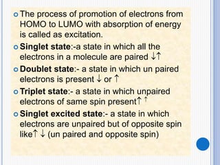  The process of promotion of electrons from
HOMO to LUMO with absorption of energy
is called as excitation.
 Singlet state:-a state in which all the
electrons in a molecule are paired 
 Doublet state:- a state in which un paired
electrons is present  or 
 Triplet state:- a state in which unpaired
electrons of same spin present 
 Singlet excited state:- a state in which
electrons are unpaired but of opposite spin
like  (un paired and opposite spin)
 