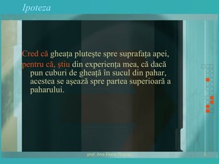 Ipoteza Cred că  gheaţa pluteşte spre suprafaţa apei,  pentru că, ştiu  din experienţa mea, că dacă pun cuburi de gheaţă în sucul din pahar, acestea se aşează spre partea superioară a paharului. 