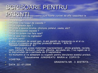 SCRISOARE PENTRUSCRISOARE PENTRU
PARINTIPARINTIDeoarece copiii dumneavoastra sunt foarte curiosi sa afle raspunsul laDeoarece copiii dumneavoastra sunt foarte curiosi sa afle raspunsul la
urmatoarele intrebari:urmatoarele intrebari:
• De ce ninge ?De ce ninge ?
• De unde vine fulgul de zapada ?De unde vine fulgul de zapada ?
• De ce ingheata apa ?De ce ingheata apa ?
• De unde a aparut bruma, chiciura, poleiul, ceata, etc?De unde a aparut bruma, chiciura, poleiul, ceata, etc?
• De ce se topeste zapada ?De ce se topeste zapada ?
• De ce nu putem trai fara apa?De ce nu putem trai fara apa?
• De ce apa marii nu ingheata?De ce apa marii nu ingheata?
• Ce sunt norii?Ce sunt norii?
• si alte intrebari de acest gen, m-am gandit ca impreuna cu ei si cusi alte intrebari de acest gen, m-am gandit ca impreuna cu ei si cu
ajutorul d-voastra sa derulez proiectul tematic * APA SIajutorul d-voastra sa derulez proiectul tematic * APA SI
TRANSFORMARILE EI*TRANSFORMARILE EI*
• Daca aveti acasa materiale (reprezentand ; sticle gradate, reviste,Daca aveti acasa materiale (reprezentand ; sticle gradate, reviste,
carti, cantare, fierbator, pahare, albume, eprubete etc, ) va rugam sa nicarti, cantare, fierbator, pahare, albume, eprubete etc, ) va rugam sa ni
le imprumutati pe o perioada dele imprumutati pe o perioada de O saptamana.O saptamana.
• Va multumin si va asteptam cu sugestii pentru derularea acestui proiect.Va multumin si va asteptam cu sugestii pentru derularea acestui proiect.
• Educatoarea JUNGHEATU MARIA si COPIII D-Educatoarea JUNGHEATU MARIA si COPIII D-
VOASTRA .VOASTRA .
• GRADINITA NR . 3 BISTRITAGRADINITA NR . 3 BISTRITA
• DATA 22 –01-2006DATA 22 –01-2006
 
