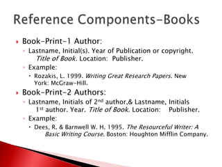    Book-Print-1 Author:
    ◦ Lastname, Initial(s). Year of Publication or copyright.
        Title of Book. Location: Publisher.
    ◦ Example:
       Rozakis, L. 1999. Writing Great Research Papers. New
       York: McGraw-Hill.
   Book-Print-2 Authors:
    ◦ Lastname, Initials of 2nd author,& Lastname, Initials
        1st author. Year. Title of Book. Location: Publisher.
    ◦ Example:
       Dees, R. & Barnwell W. H. 1995. The Resourceful Writer: A
            Basic Writing Course. Boston: Houghton Mifflin Company.
 