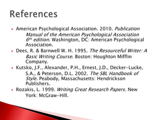    American Psychological Association. 2010. Publication
        Manual of the American Psychological Association
        6th edition. Washington, DC: American Psychological
        Association.
   Dees, R. & Barnwell W. H. 1995. The Resourceful Writer: A
        Basic Writing Course. Boston: Houghton Mifflin
        Company.
   Kutsko, J.F., Alexander, P.H., Ernest, J.D., Decker-Lucke,
        S.A., & Peterson, D.L. 2002. The SBL Handbook of
        Style. Peabody, Massachusetts: Hendrickson
        Publishers.
   Rozakis, L. 1999. Writing Great Research Papers. New
        York: McGraw-Hill.
 