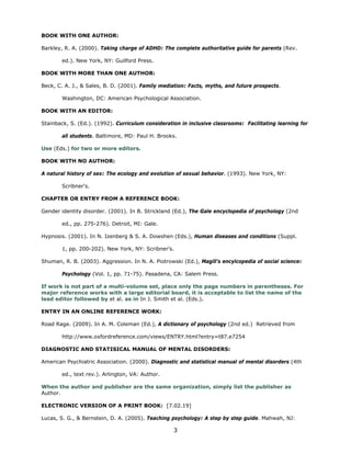 BOOK WITH ONE AUTHOR:

Barkley, R. A. (2000). Taking charge of ADHD: The complete authoritative guide for parents (Rev.

        ed.). New York, NY: Guilford Press.

BOOK WITH MORE THAN ONE AUTHOR:

Beck, C. A. J., & Sales, B. D. (2001). Family mediation: Facts, myths, and future prospects.

        Washington, DC: American Psychological Association.

BOOK WITH AN EDITOR:

Stainback, S. (Ed.). (1992). Curriculum consideration in inclusive classrooms: Facilitating learning for

        all students. Baltimore, MD: Paul H. Brooks.

Use (Eds.) for two or more editors.

BOOK WITH NO AUTHOR:

A natural history of sex: The ecology and evolution of sexual behavior. (1993). New York, NY:

        Scribner's.

CHAPTER OR ENTRY FROM A REFERENCE BOOK:

Gender identity disorder. (2001). In B. Strickland (Ed.), The Gale encyclopedia of psychology (2nd

        ed., pp. 275-276). Detroit, MI: Gale.

Hypnosis. (2001). In N. Izenberg & S. A. Dowshen (Eds.), Human diseases and conditions (Suppl.

        1, pp. 200-202). New York, NY: Scribner’s.

Shuman, R. B. (2003). Aggression. In N. A. Piotrowski (Ed.), Magill’s encylcopedia of social science:

        Psychology (Vol. 1, pp. 71-75). Pasadena, CA: Salem Press.

If work is not part of a multi-volume set, place only the page numbers in parentheses. For
major reference works with a large editorial board, it is acceptable to list the name of the
lead editor followed by et al. as in In J. Smith et al. (Eds.).

ENTRY IN AN ONLINE REFERENCE WORK:

Road Rage. (2009). In A. M. Coleman (Ed.), A dictionary of psychology (2nd ed.) Retrieved from

        http://www.oxfordreference.com/views/ENTRY.html?entry=t87.e7254

DIAGNOSTIC AND STATISICAL MANUAL OF MENTAL DISORDERS:

American Psychiatric Association. (2000). Diagnostic and statistical manual of mental disorders (4th

        ed., text rev.). Arlington, VA: Author.

When the author and publisher are the same organization, simply list the publisher as
Author.


ELECTRONIC VERSION OF A PRINT BOOK: [7.02.19]


Lucas, S. G., & Bernstein, D. A. (2005). Teaching psychology: A step by step guide. Mahwah, NJ: 


                                                   3

 
