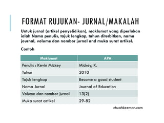 FORMAT RUJUKAN- JURNAL/MAKALAH
Untuk jurnal (artikel penyelidikan), maklumat yang diperlukan
ialah Nama penulis, tajuk lengkap, tahun diterbitkan, nama
journal, volume dan nombor jurnal and muka surat artikel.
Contoh
chuahkeeman.com
Maklumat APA
Penulis : Kevin Mickey Mickey, K.
Tahun 2010
Tajuk lengkap Become a good student
Nama Jurnal Journal of Education
Volume dan nombor jurnal 13(2)
Muka surat artikel 29-82
 