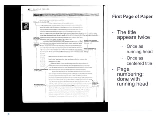 First Page of Paper
• The title
appears twice
• Once as
running head
• Once as
centered title
• Page
numbering:
done with
running head
 