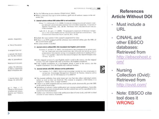 References
Article Without DOI
• Must include a
URL
• CINAHL and
other EBSCO
databases:
Retrieved from
http://ebscohost.c
om/
• Nursing
Collection (Ovid):
Retrieved from
http://ovid.com/
• Note: EBSCO cite
tool does it
WRONG
 