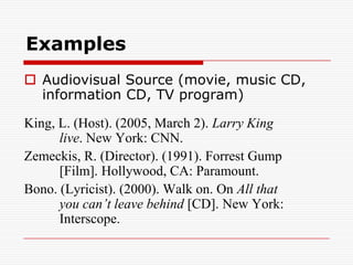 References PageCenter and title reference page as ReferencesAlphabetize and double space entriesEach line after the first of an entry should be indented one tab stroke (five spaces)Key elements to include in a citation: author, date of publication, specific title, source title, volume and page numbers (if applicable)If an electronic source, include the DOI (Digital Object Identifier) if available.  If not available, put the URL of where you retrieved the source (“Retrieved from www.ti.com/)