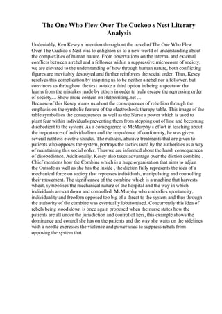 The One Who Flew Over The Cuckoo s Nest Literary
Analysis
Undeniably, Ken Kesey s intention throughout the novel of The One Who Flew
Over The Cuckoo s Nest was to enlighten us to a new world of understanding about
the complexities of human nature. From observations on the internal and external
conflicts between a rebel and a follower within a suppressive microcosm of society,
we are elevated to the understanding of how through human nature, both conflicting
figures are inevitably destroyed and further reinforces the social order. Thus, Kesey
resolves this complication by inspiring us to be neither a rebel nor a follower, but
convinces us throughout the text to take a third option in being a spectator that
learns from the mistakes made by others in order to truly escape the repressing order
of society.... Show more content on Helpwriting.net ...
Because of this Kesey warns us about the consequences of rebellion through the
emphasis on the symbolic feature of the electroshock therapy table. This image of the
table symbolises the consequences as well as the Nurse s power which is used to
plant fear within individuals preventing them from stepping out of line and becoming
disobedient to the system. As a consequence to McMurphy s effort in teaching about
the importance of individualism and the impudence of conformity, he was given
several ruthless electric shocks. The ruthless, abusive treatments that are given to
patients who opposes the system, portrays the tactics used by the authorities as a way
of maintaining this social order. Thus we are informed about the harsh consequences
of disobedience. Additionally, Kesey also takes advantage over the diction combine .
Chief mentions how the Combine which is a huge organisation that aims to adjust
the Outside as well as she has the Inside , the diction fully represents the idea of a
mechanical force on society that represses individuals, manipulating and controlling
their movement. The significance of the combine which is a machine that harvests
wheat, symbolises the mechanical nature of the hospital and the way in which
individuals are cut down and controlled. McMurphy who embodies spontaneity,
individuality and freedom opposed too big of a threat to the system and thus through
the authority of the combine was eventually lobotomised. Concurrently this idea of
rebels being stood down is once again proposed when the nurse states how the
patients are all under the jurisdiction and control of hers, this example shows the
dominance and control she has on the patients and the way she waits on the sidelines
with a needle expresses the violence and power used to suppress rebels from
opposing the system that
 