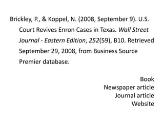 Brickley, P., & Koppel, N. (2008, September 9). U.S. Court Revives Enron Cases in Texas. Wall Street Journal - Eastern Edition, 252(59), B10. Retrieved September 29, 2008, from Business Source Premier database.BookNewspaper articleJournal articleWebsite