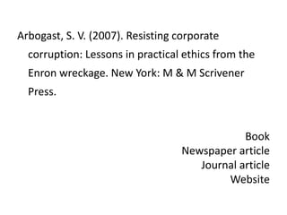 Arbogast, S. V. (2007). Resisting corporate corruption: Lessons in practical ethics from the Enron wreckage. New York: M & M Scrivener Press.BookNewspaper articleJournal articleWebsite