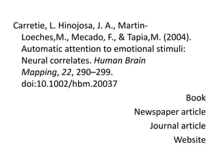Carretie, L. Hinojosa, J. A., Martin-Loeches,M., Mecado, F., & Tapia,M. (2004). Automatic attention to emotional stimuli: Neural correlates. Human Brain Mapping, 22, 290–299. doi:10.1002/hbm.20037BookNewspaper articleJournal articleWebsite