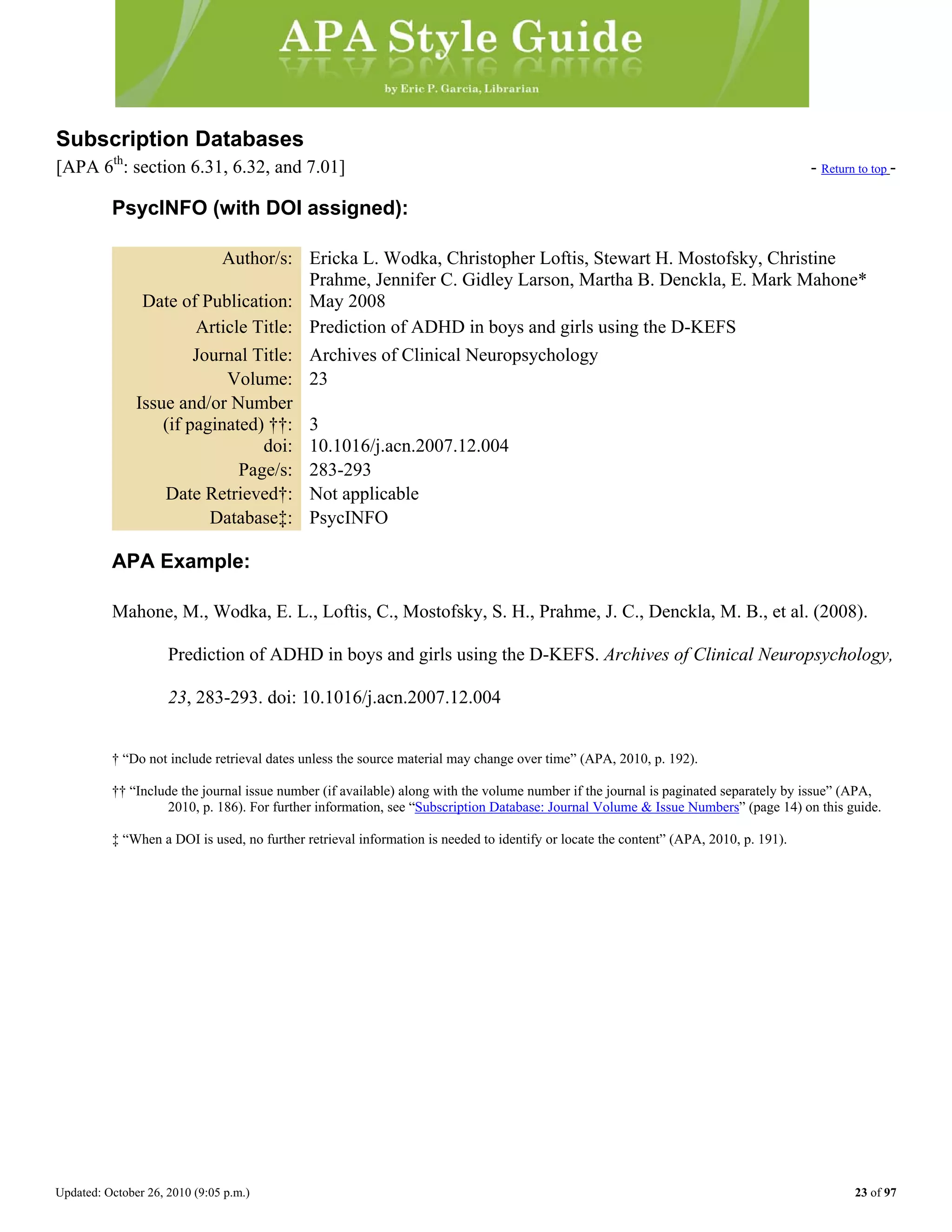 Updated: October 26, 2010 (9:05 p.m.) 23 of 97
Subscription Databases
[APA 6th
: section 6.31, 6.32, and 7.01] - Return to top -
PsycINFO (with DOI assigned):
Author/s: Ericka L. Wodka, Christopher Loftis, Stewart H. Mostofsky, Christine
Prahme, Jennifer C. Gidley Larson, Martha B. Denckla, E. Mark Mahone*
Date of Publication: May 2008
Article Title: Prediction of ADHD in boys and girls using the D-KEFS
Journal Title: Archives of Clinical Neuropsychology
Volume: 23
Issue and/or Number
(if paginated) ††: 3
doi: 10.1016/j.acn.2007.12.004
Page/s: 283-293
Date Retrieved†: Not applicable
Database‡: PsycINFO
APA Example:
Mahone, M., Wodka, E. L., Loftis, C., Mostofsky, S. H., Prahme, J. C., Denckla, M. B., et al. (2008).
Prediction of ADHD in boys and girls using the D-KEFS. Archives of Clinical Neuropsychology,
23, 283-293. doi: 10.1016/j.acn.2007.12.004
† “Do not include retrieval dates unless the source material may change over time” (APA, 2010, p. 192).
†† “Include the journal issue number (if available) along with the volume number if the journal is paginated separately by issue” (APA,
2010, p. 186). For further information, see “Subscription Database: Journal Volume & Issue Numbers” (page 14) on this guide.
‡ “When a DOI is used, no further retrieval information is needed to identify or locate the content” (APA, 2010, p. 191).
 