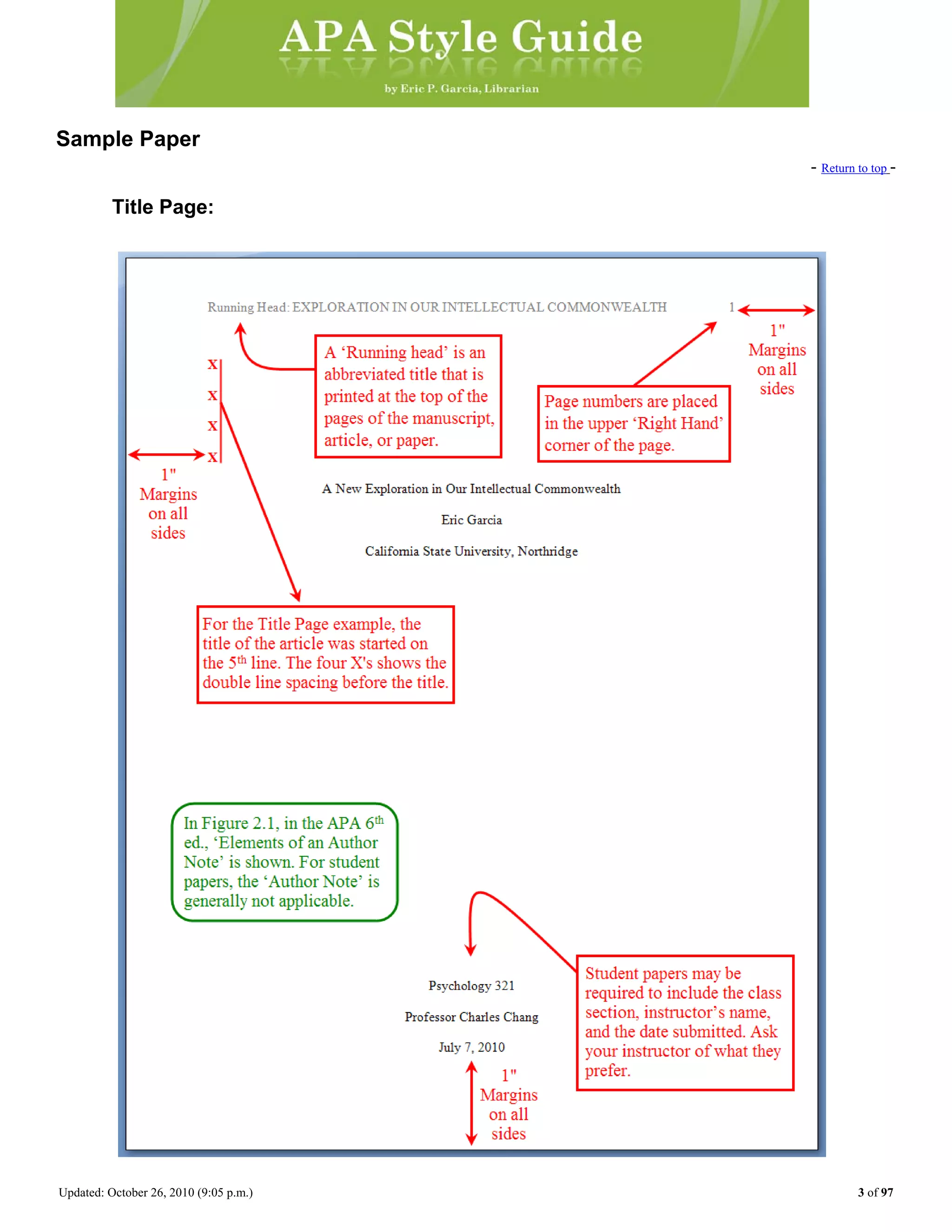 Updated: October 26, 2010 (9:05 p.m.) 3 of 97
Sample Paper
- Return to top -
Title Page:
 