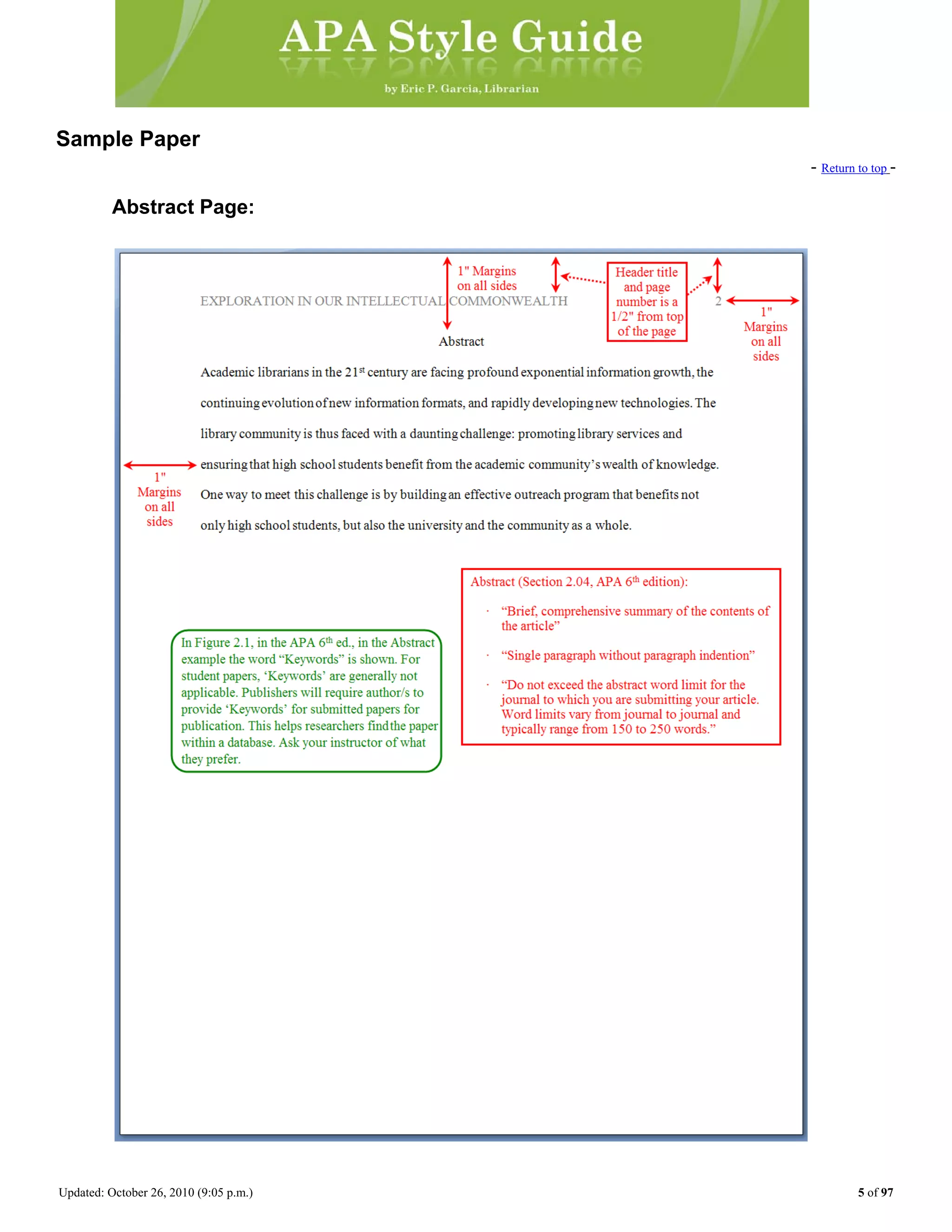 Updated: October 26, 2010 (9:05 p.m.) 5 of 97
Sample Paper
- Return to top -
Abstract Page:
 