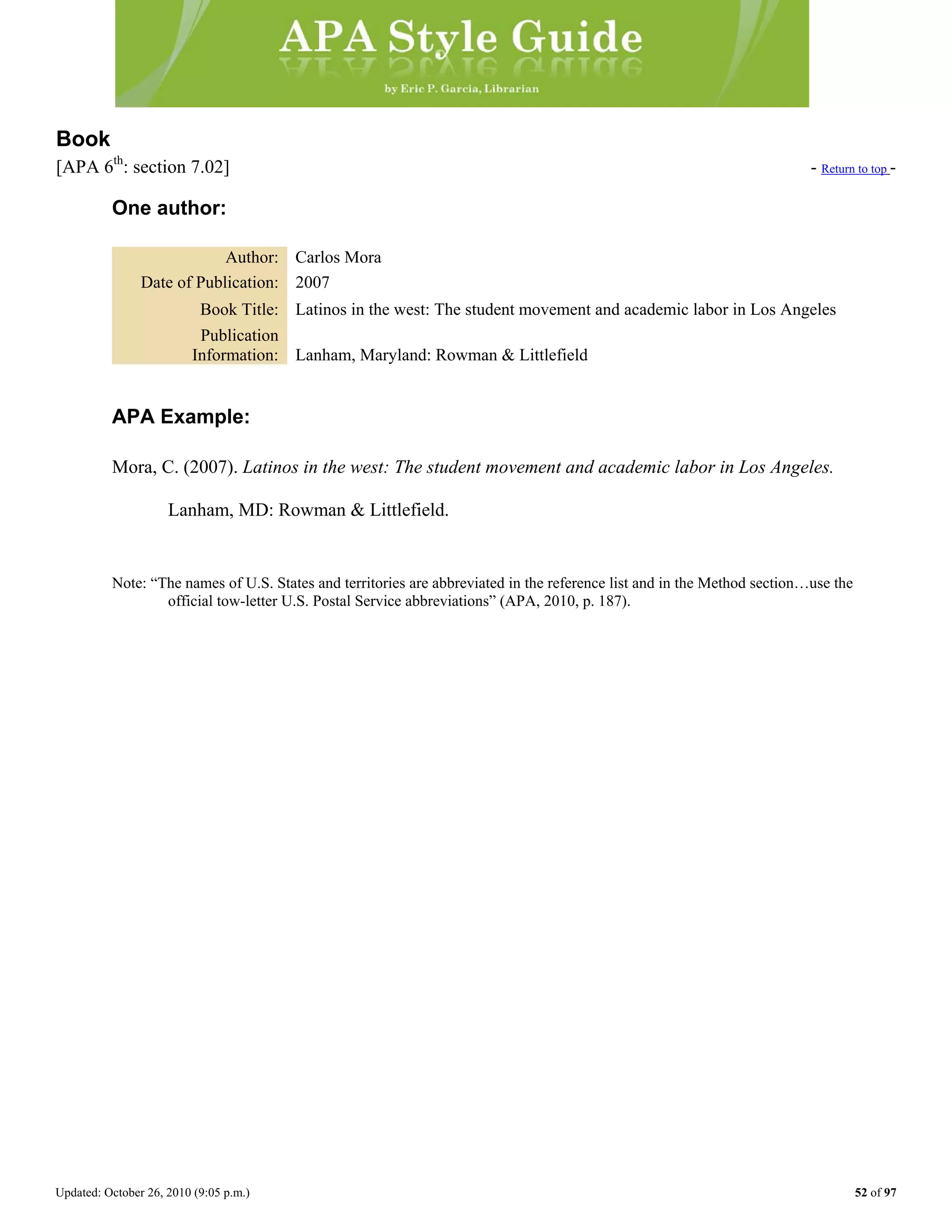 Updated: October 26, 2010 (9:05 p.m.) 52 of 97
Book
[APA 6th
: section 7.02] - Return to top -
One author:
Author: Carlos Mora
Date of Publication: 2007
Book Title: Latinos in the west: The student movement and academic labor in Los Angeles
Publication
Information: Lanham, Maryland: Rowman & Littlefield
APA Example:
Mora, C. (2007). Latinos in the west: The student movement and academic labor in Los Angeles.
Lanham, MD: Rowman & Littlefield.
Note: “The names of U.S. States and territories are abbreviated in the reference list and in the Method section…use the
official tow-letter U.S. Postal Service abbreviations” (APA, 2010, p. 187).
 