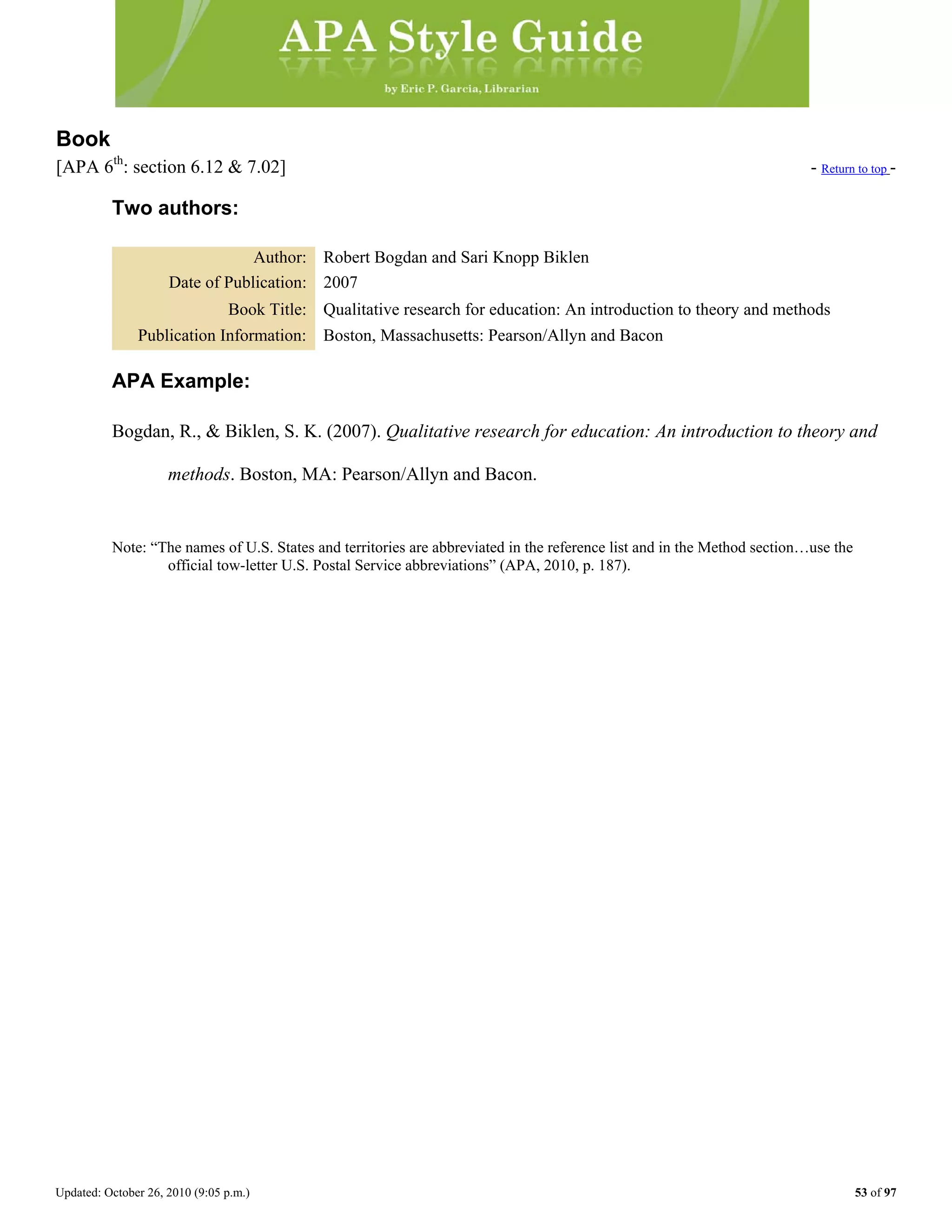 Updated: October 26, 2010 (9:05 p.m.) 53 of 97
Book
[APA 6th
: section 6.12 & 7.02] - Return to top -
Two authors:
Author: Robert Bogdan and Sari Knopp Biklen
Date of Publication: 2007
Book Title: Qualitative research for education: An introduction to theory and methods
Publication Information: Boston, Massachusetts: Pearson/Allyn and Bacon
APA Example:
Bogdan, R., & Biklen, S. K. (2007). Qualitative research for education: An introduction to theory and
methods. Boston, MA: Pearson/Allyn and Bacon.
Note: “The names of U.S. States and territories are abbreviated in the reference list and in the Method section…use the
official tow-letter U.S. Postal Service abbreviations” (APA, 2010, p. 187).
 