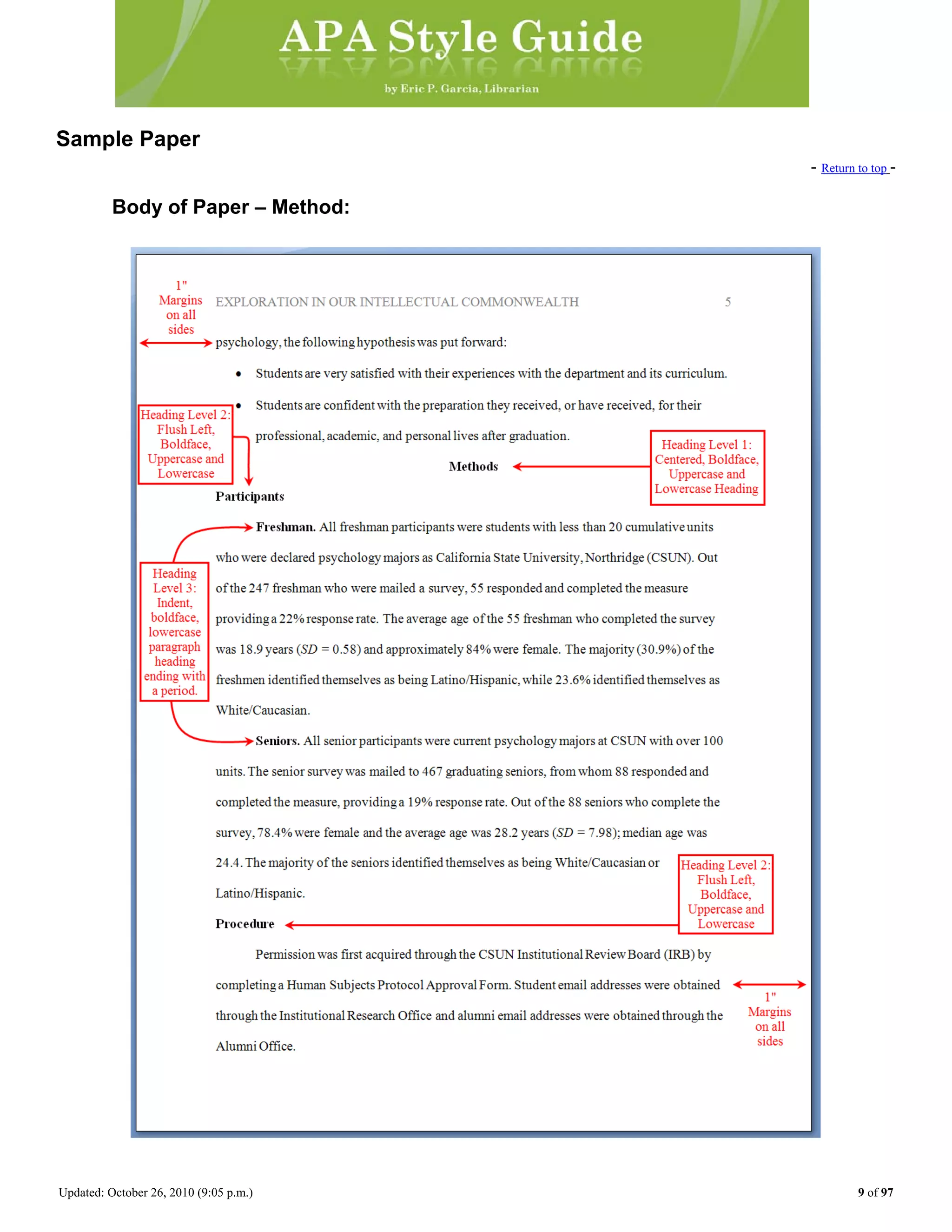 Updated: October 26, 2010 (9:05 p.m.) 9 of 97
Sample Paper
- Return to top -
Body of Paper – Method:
 