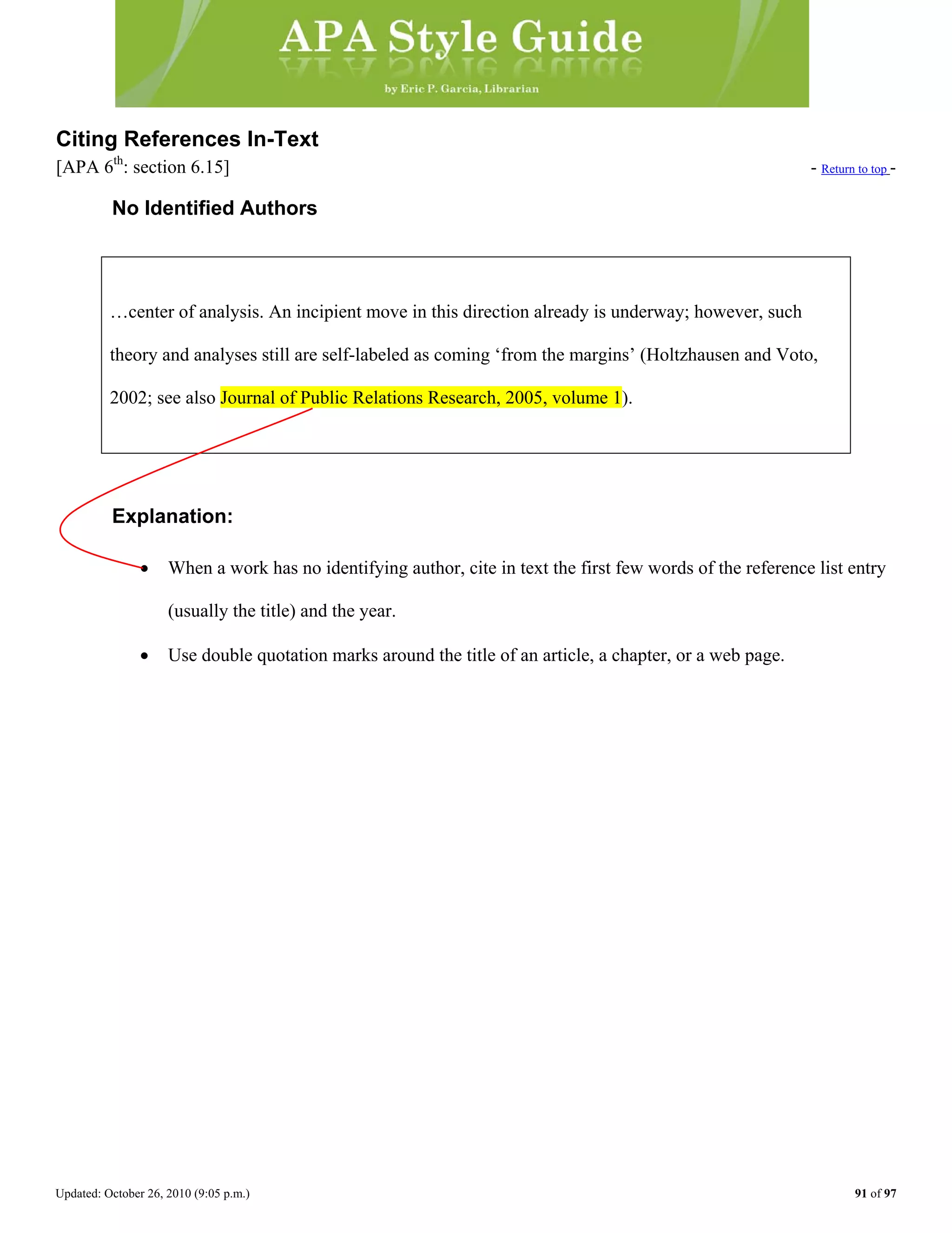 Updated: October 26, 2010 (9:05 p.m.) 91 of 97
Citing References In-Text
[APA 6th
: section 6.15] - Return to top -
No Identified Authors
…center of analysis. An incipient move in this direction already is underway; however, such
theory and analyses still are self-labeled as coming ‘from the margins’ (Holtzhausen and Voto,
Explanation:
• When a work has no identifying author, cite in text the first few words of the reference list entry
(usually the title) and the year.
2002; see also Journal of Public Relations Research, 2005, volume 1).
• Use double quotation marks around the title of an article, a chapter, or a web page.
 