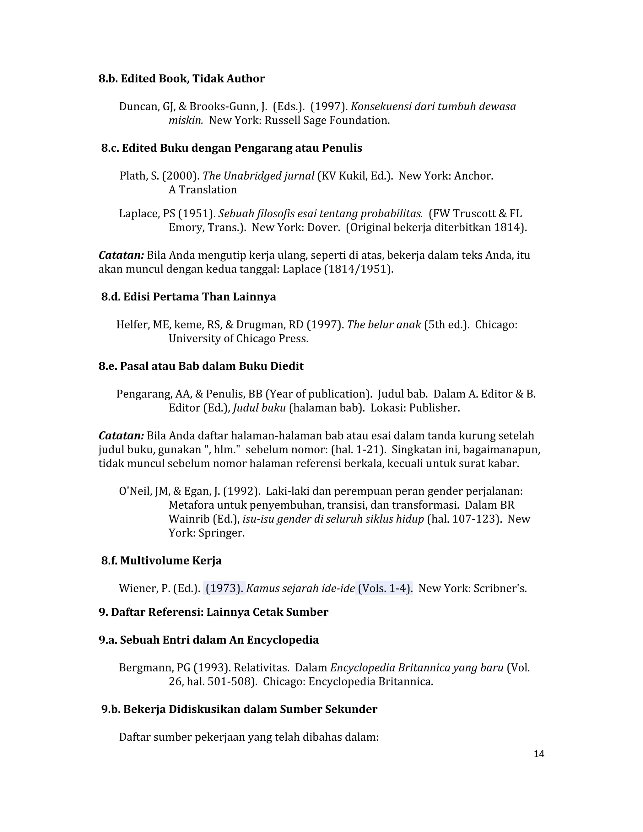 8.b. Edited Book, Tidak Author  

     Duncan, GJ, & Brooks‐Gunn, J.  (Eds.).  (1997). Konsekuensi dari tumbuh dewasa 
              miskin.  New York: Russell Sage Foundation.  

 8.c. Edited Buku dengan Pengarang atau Penulis  

    Plath, S. (2000). The Unabridged jurnal (KV Kukil, Ed.).  New York: Anchor.                           
               A Translation  

     Laplace, PS (1951). Sebuah filosofis esai tentang probabilitas.  (FW Truscott & FL 
               Emory, Trans.).  New York: Dover.  (Original bekerja diterbitkan 1814).  

Catatan: Bila Anda mengutip kerja ulang, seperti di atas, bekerja dalam teks Anda, itu 
akan muncul dengan kedua tanggal: Laplace (1814/1951).  

 8.d. Edisi Pertama Than Lainnya  

    Helfer, ME, keme, RS, & Drugman, RD (1997). The belur anak (5th ed.).  Chicago: 
              University of Chicago Press.  

8.e. Pasal atau Bab dalam Buku Diedit  

    Pengarang, AA, & Penulis, BB (Year of publication).  Judul bab.  Dalam A. Editor & B. 
             Editor (Ed.), Judul buku (halaman bab).  Lokasi: Publisher.  

Catatan: Bila Anda daftar halaman‐halaman bab atau esai dalam tanda kurung setelah 
judul buku, gunakan ", hlm."  sebelum nomor: (hal. 1‐21).  Singkatan ini, bagaimanapun, 
tidak muncul sebelum nomor halaman referensi berkala, kecuali untuk surat kabar.  

     O'Neil, JM, & Egan, J. (1992).  Laki‐laki dan perempuan peran gender perjalanan: 
               Metafora untuk penyembuhan, transisi, dan transformasi.  Dalam BR 
               Wainrib (Ed.), isu­isu gender di seluruh siklus hidup (hal. 107‐123).  New 
               York: Springer.  

 8.f. Multivolume Kerja  

     Wiener, P. (Ed.).  (1973). Kamus sejarah ide­ide (Vols. 1‐4).  New York: Scribner's.  

9. Daftar Referensi: Lainnya Cetak Sumber  

9.a. Sebuah Entri dalam An Encyclopedia  

     Bergmann, PG (1993). Relativitas.  Dalam Encyclopedia Britannica yang baru (Vol. 
             26, hal. 501‐508).  Chicago: Encyclopedia Britannica.  

 9.b. Bekerja Didiskusikan dalam Sumber Sekunder  

     Daftar sumber pekerjaan yang telah dibahas dalam:  
                                                                                                   14 

 
 