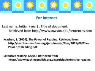 For Internet
Last name, Initial. (year) . Title of document.
Retrieved from http://www.towson.edu/sentences.htm.
Krashen, S. (2004). The Power of Reading. Retrieved from
http://teachers.saschina.org/jnordmeyer/files/2011/06/ThePower-of-Reading.pdf
Extensive reading. (2005). Retrieved from
http://www.teachingenglish.org.uk/articles/extensive-reading

 