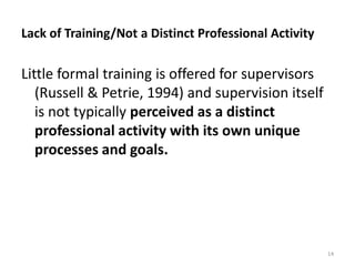 Lack of Training/Not a Distinct Professional Activity

Little formal training is offered for supervisors
(Russell & Petrie, 1994) and supervision itself
is not typically perceived as a distinct
professional activity with its own unique
processes and goals.

14

 