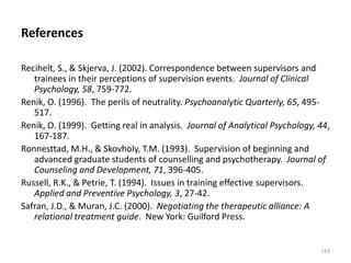 References
Recihelt, S., & Skjerva, J. (2002). Correspondence between supervisors and
trainees in their perceptions of supervision events. Journal of Clinical
Psychology, 58, 759-772.
Renik, O. (1996). The perils of neutrality. Psychoanalytic Quarterly, 65, 495517.
Renik, O. (1999). Getting real in analysis. Journal of Analytical Psychology, 44,
167-187.
Ronnesttad, M.H., & Skovholy, T.M. (1993). Supervision of beginning and
advanced graduate students of counselling and psychotherapy. Journal of
Counseling and Development, 71, 396-405.
Russell, R.K., & Petrie, T. (1994). Issues in training effective supervisors.
Applied and Preventive Psychology, 3, 27-42.
Safran, J.D., & Muran, J.C. (2000). Negotiating the therapeutic alliance: A
relational treatment guide. New York: Guilford Press.

143

 