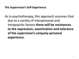 The Supervisee’s Self-Experience

As in psychotherapy, this approach assumes that
due to a variety of interpersonal and
intrapsychic factors there will be resistances
to the expression, examination and tolerance
of the supervisee’s uniquely personal
experience.

72

 