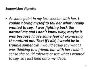 Supervision Vignette

• At some point in my last session with her, I
couldn't bring myself to tell her what I really
wanted to say. I was fighting back the
natural me and I don’t know why; maybe it
was because I have some fear of expressing
the natural me. That if I did, I would be in
trouble somehow. I would easily say what I
was thinking to a friend, but with her I didn’t
sense she could tolerate or use what I wanted
to say, so I just held onto my ideas.
82

 