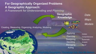 For Geographically Organized Problems 
A Geographic Approach: 
A Framework for Understanding and Planning 
Data 
Maps 
Models 
Holistic 
Comprehensive 
Systematic 
Analytic 
Visual 
Creating, Measuring, Organizing, Analyzing, Modeling 
Geographic 
Knowledge 
Applying 
Planning 
Designing 
Deciding 
Managing 
Acting 
Integrating Geographic Knowledge Into How We Behave 
 